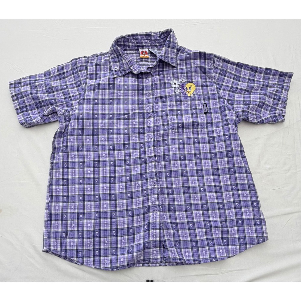 1990 Looney Tunes Tweety Bird Purple Plaid Button Down Shirt 18W modern 1X